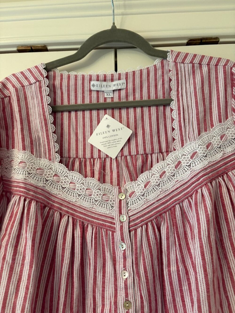 NWT Eileen West Brushed Flannel Red Berry Ticking Stripe Lace Trim Nightgown  XL - Picture 3 of 7